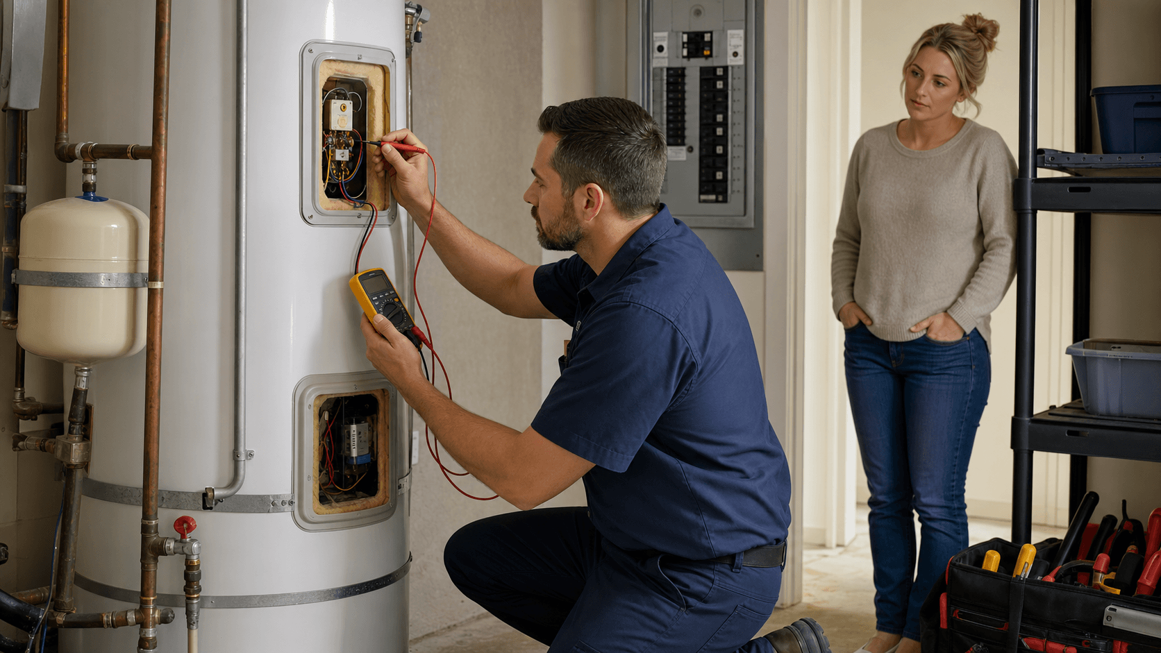 Plumber testing an electric water heater thermostat and element with a multimeter