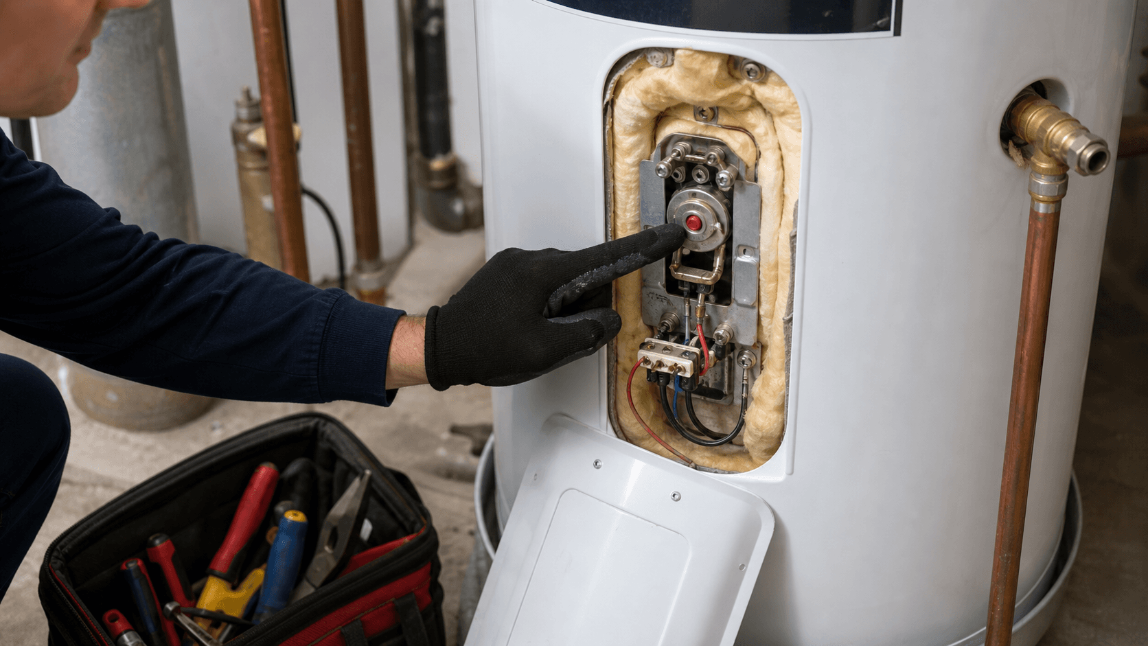 Red reset button behind the upper access panel of an electric water heater