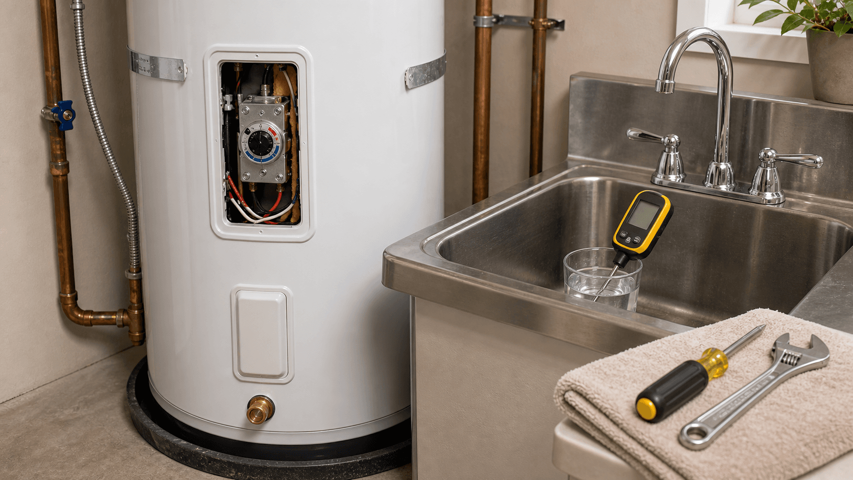 Plumber adjusting a water heater thermostat and checking hot water with a thermometer