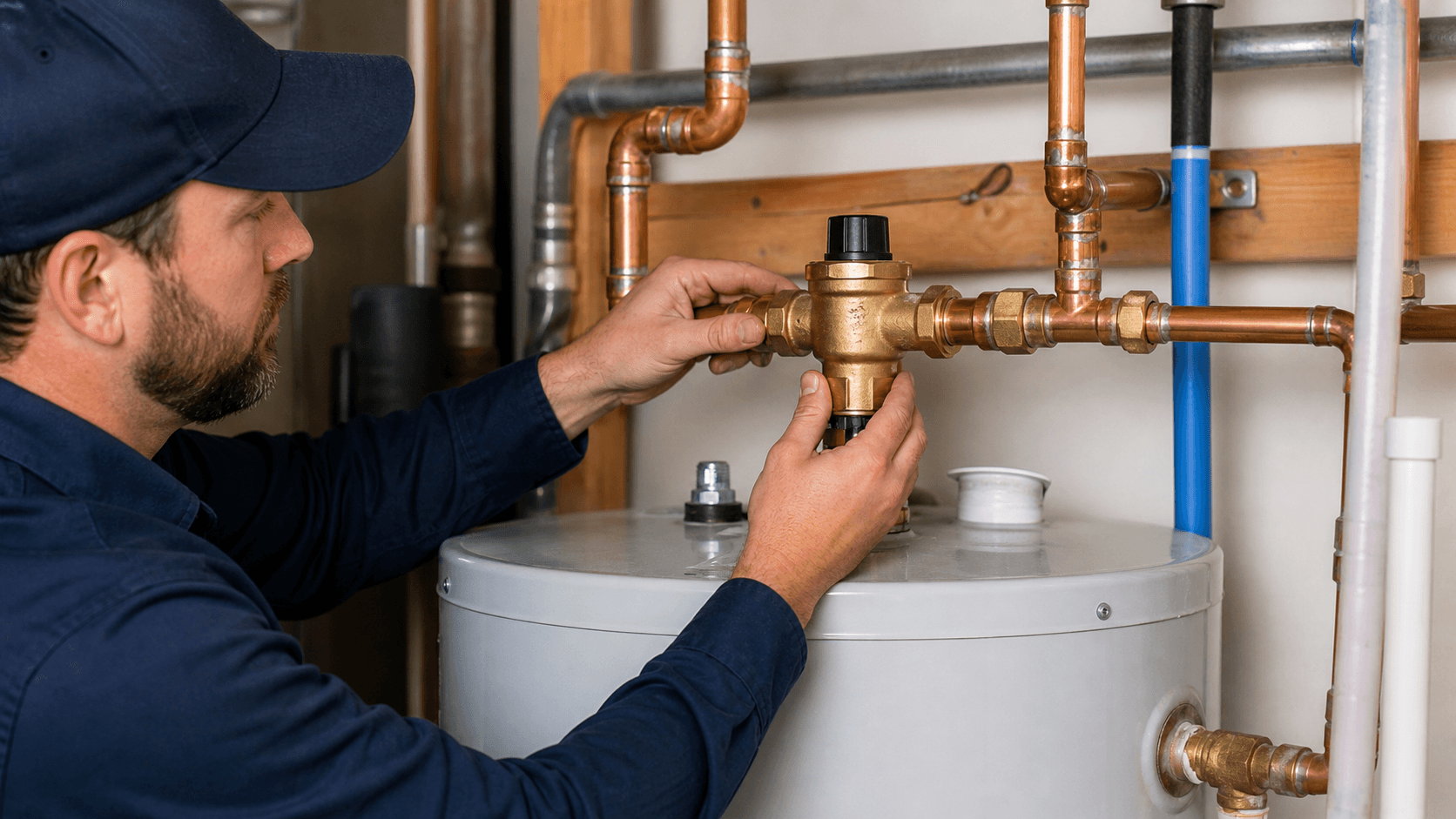 Thermostatic mixing valve installed above a residential water heater