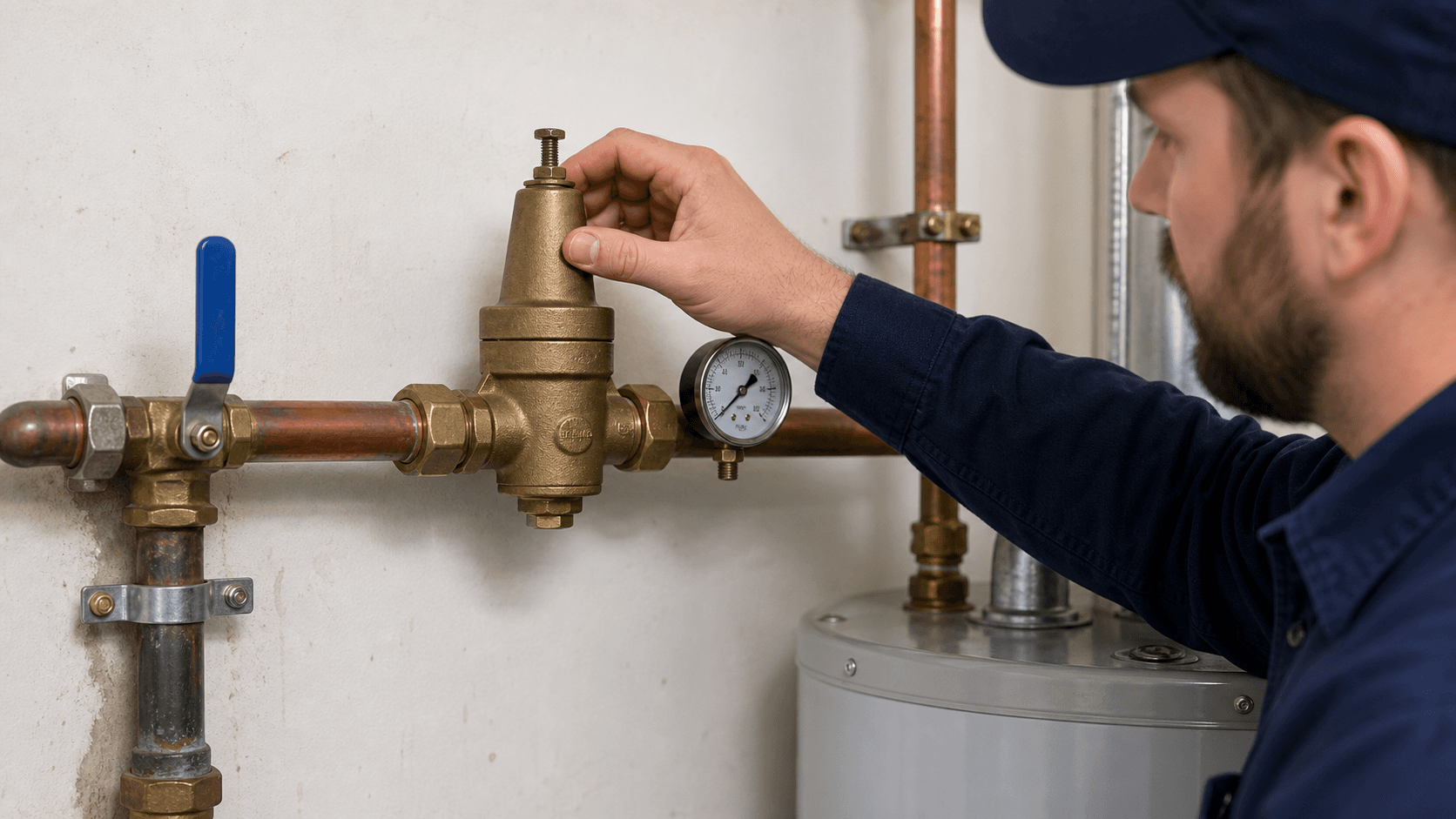 Brass pressure reducing valve and gauge on a residential water main