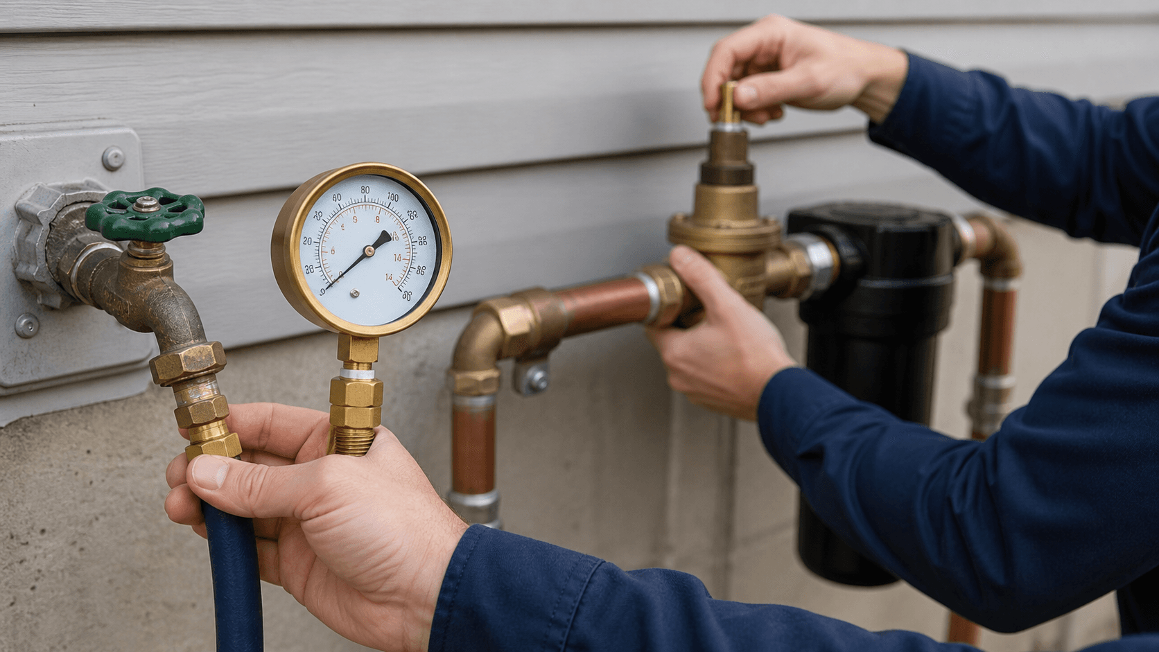 Pressure gauge on a hose bib during a PRV adjustment